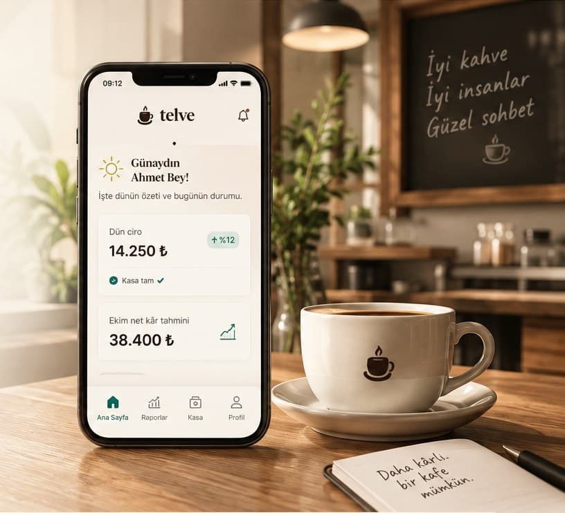 Kafe masasında Telve uygulamasının sabah özetini gösteren telefon ve bir fincan kahve
